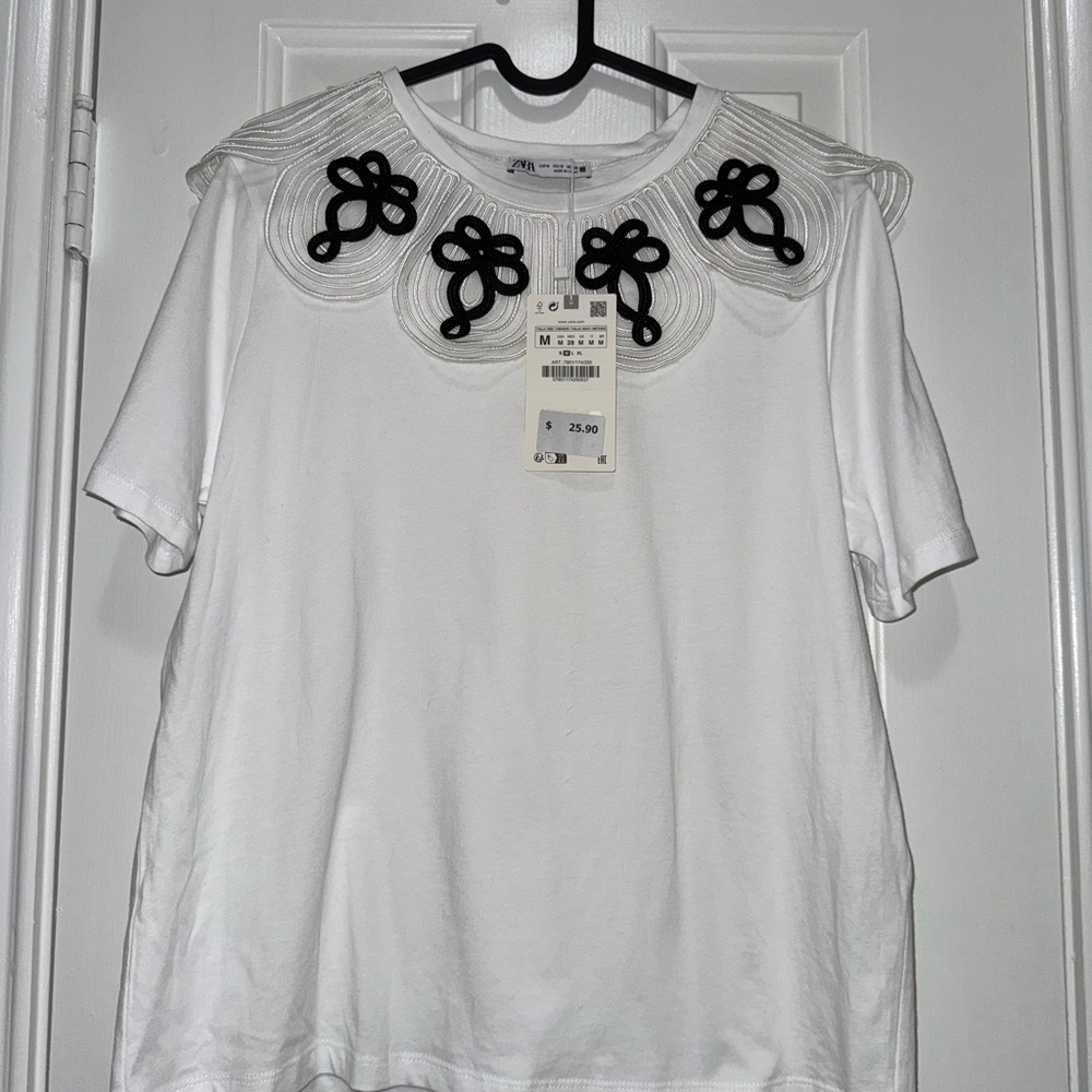 Zara Elegant White Top with Black Embellishments